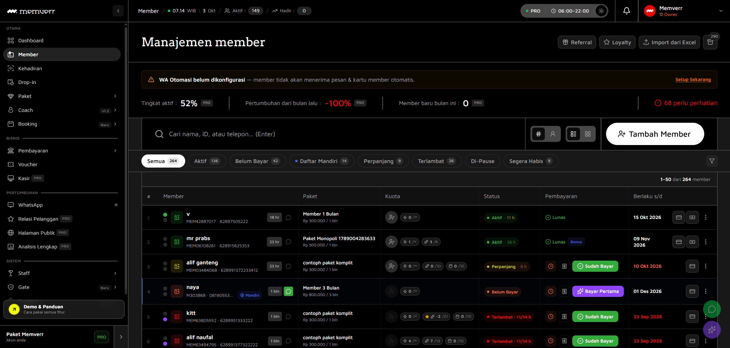 Halaman member di dashboard Memverr
