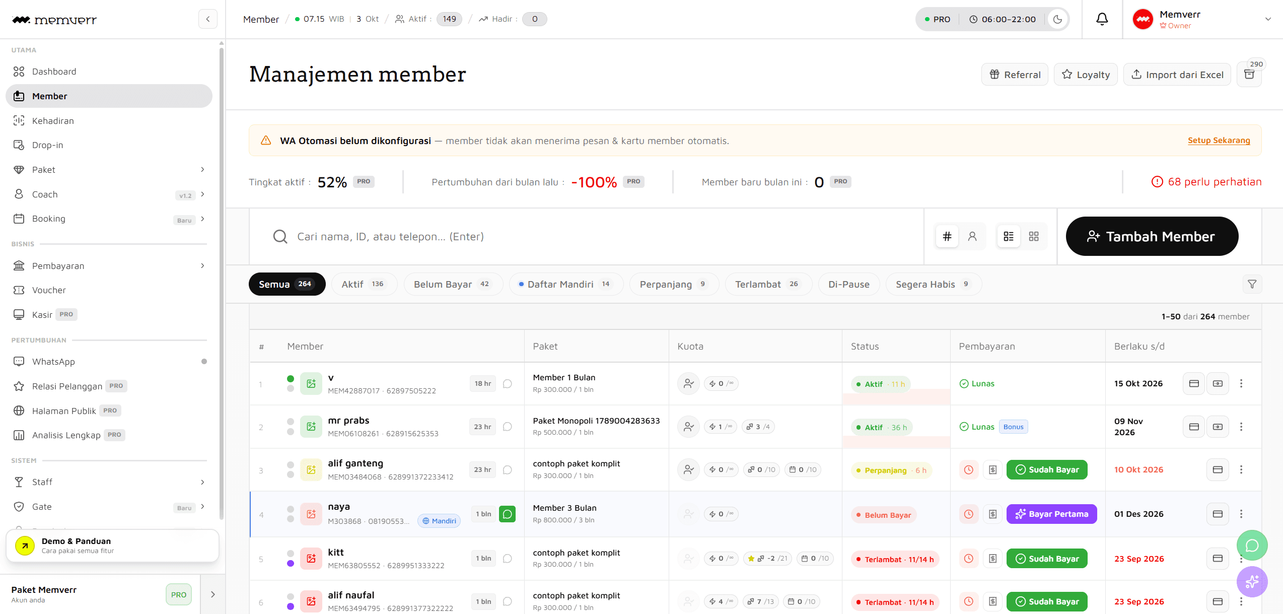 Halaman Manajemen Member Memverr dengan tombol Import dari Excel